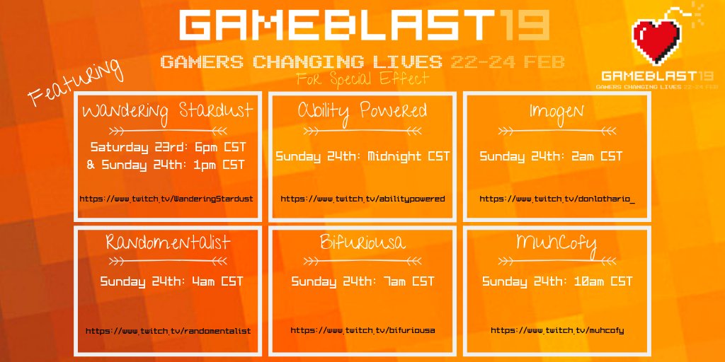 WanderingStarTV's tweet photo. And the moment you've all been waiting for! Here's our complete schedule for #GameBlast19!

Join @JustRaeyn , @Mhorgain and our friends @AbilityPowered @_donlothario @Randomentalist @BiFuriousa and @Muhcofy for our 24 hour relay marathon in support of @SpecialEffect! ✨ https://t.co/9VYRoaBJDV