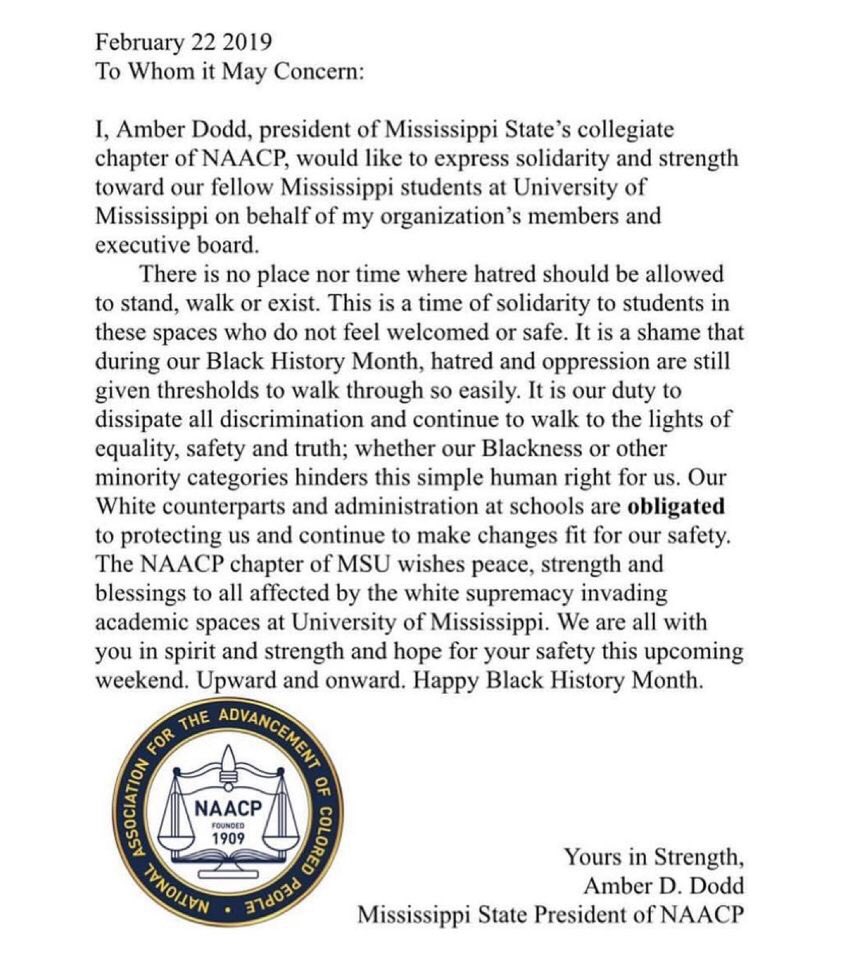 MsState_NAACP's tweet photo. Here is the statement provided by president @amberddodd in light of events taking place at Ole Miss this weekend. MSU'S NAACP stands with Ole Miss students for their safety. https://t.co/QBxnUOi5nm
