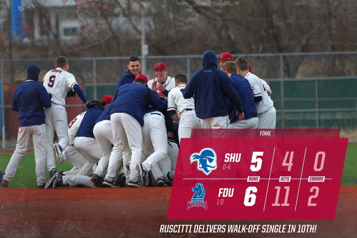⚾️ FINAL: @FDUBaseball 6, Seton Hall 5 (10 innings)
Tom Ruscitti* (2-5) delivers the two-out walk-off single in the 10th!
Nate Brodsky* (3-5) 2 runs
Adam Frank (2-4) 1 RBI, 1 run
Bobby Romano (1-3) 2 RBI
*collegiate debut
#uKnighted