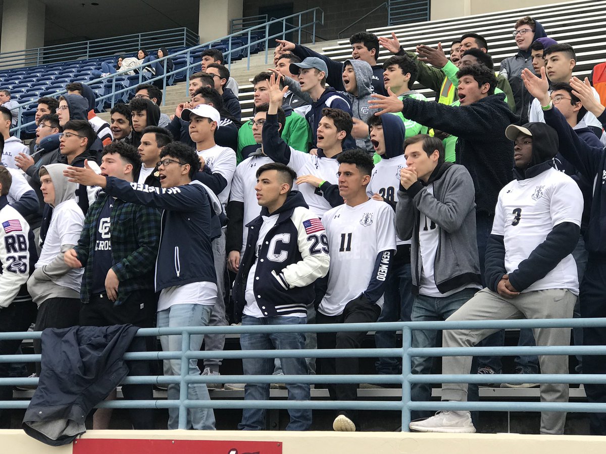 SATXCCHS's tweet photo. Jose Gallegos scores from distance to put Central Catholic up 4-0 in the @TAPPSbiz D1 State Soccer Championship Game! #CCProud #CCKicks The fans are happy! https://t.co/lEdMXW4kHc