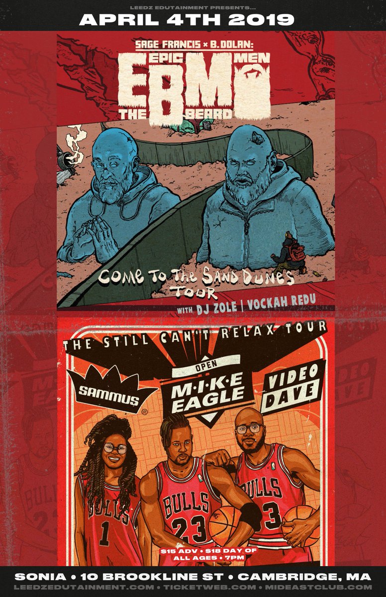 EpicBeardMen's tweet photo. BOSTON!
The first night of our tour has joined with @Mike_Eagle's tour. That's OME, @SageFrancis, @BDolanSFR, @sammusmusic, #VideoDave, @DJZOLE, and @VOCKAHREDU all on the same bill. Catch us on 4/4 at Sonia (formerly T.T. the Bears.) https://t.co/ElpulJ5jsd https://t.co/XxfwxzmljG