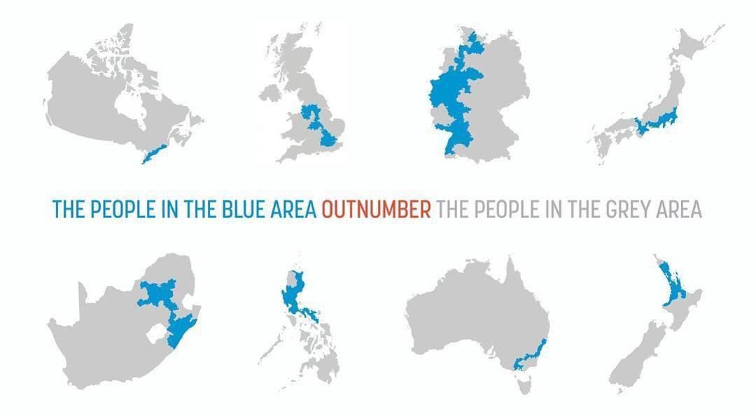 MapScaping's tweet photo. Population distribution: the people in the blue area outnumber the people in the grey area. By Deviantart user alasdairgunn.

 #population #division #distribution #countries #area #density #canada #unitedkingdom #southafrica #philippines #australia #newzealand #germany #japan https://t.co/Kaujbhtco4