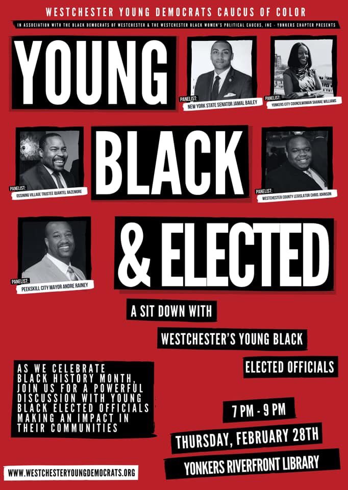 Happy to be co-sponsoring the YOUNG, BLACK &amp; ELECTED event w/ the <a href="/WestchesterYD/">Westchester YD</a> &amp; The Westchester Black Womens Political Caucus-Yonkers Chapter! 

We believe young people are the future of this country and we’re excited to talk w/ the young elected leaders we have today! 

#BHM