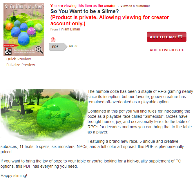 FinlamElman's tweet photo. It's ready to go!

Playable slimes for #dnd5e are coming to your table on Monday!

* A brand new race, 
* 5 unique and creative subraces
* 11 feats
* 5 spells
* 6 six monsters
* NPCs
* full-color art spread

=D

#slimeoids #dnd #dungeonsanddragons #ttrpg #ooze #slime #DMsGuild https://t.co/N5oUQA8uRk