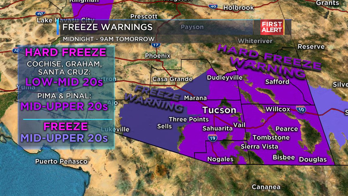 WxVillegas's tweet photo. *HARD FREEZE WARNING & FREEZE WARNING* in effect tonight. Overnight lows will plunge after we start to clear out. Watch out for icy bridges and roadways tonight/tomorrow morning!!
#KOLD
#KOLDfront
#BabyitsKOLDoutside
#TooKOLDforYou
#SeeYouOnKOLD https://t.co/tfEHrwbxwX