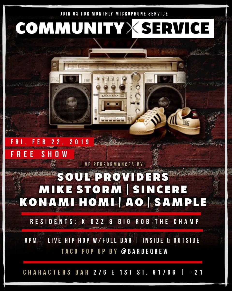Tonight in Pomona.
Come join us for #CommunityService
Free entry all night, doors at 8pm.
Live Hip Hope w/full bar &amp; Tacos