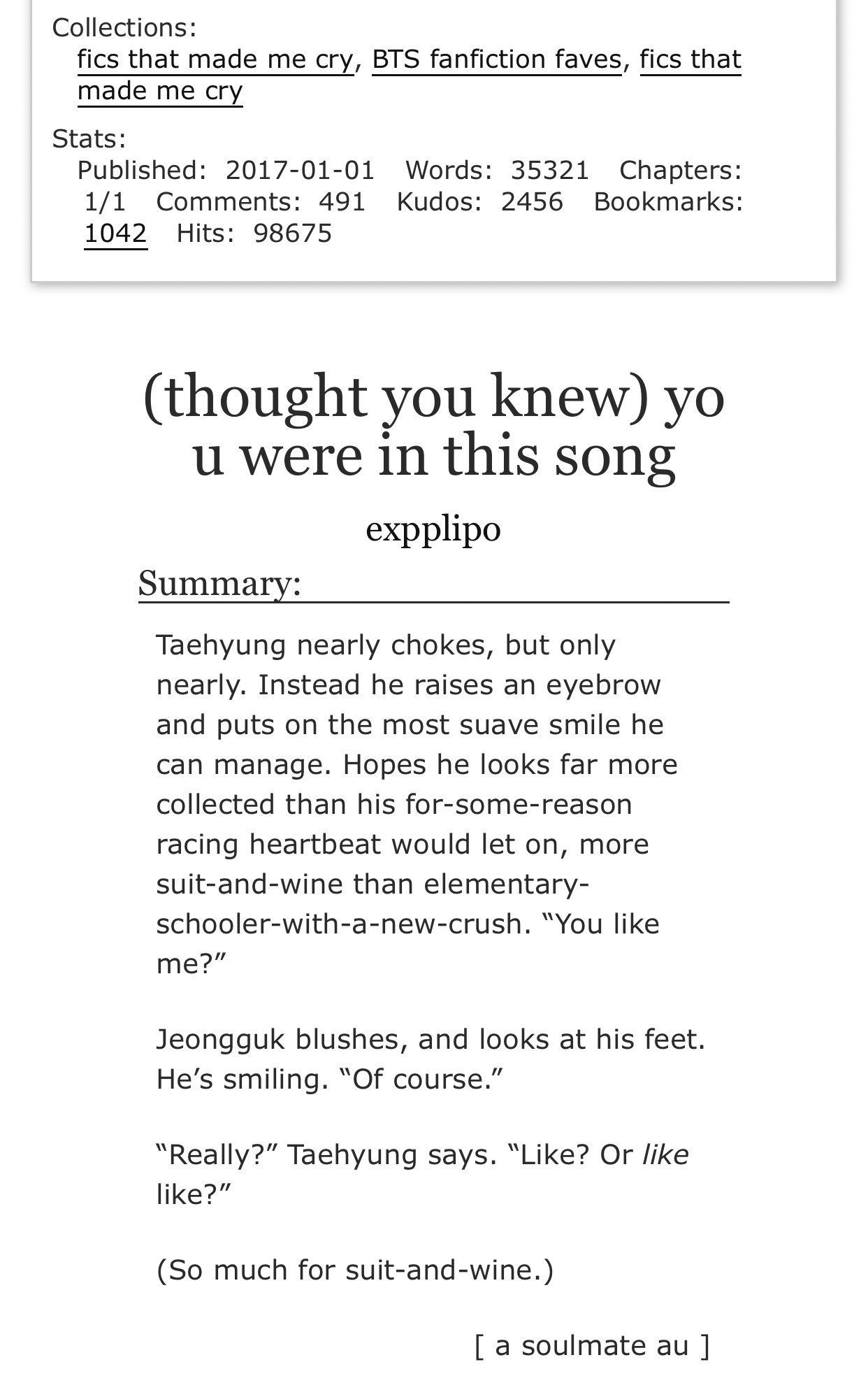 Bts Fic Rec Thought You Knew You Were In This Song By Expplipo Jungkook Taehyung Words Taekook Soulmate Au When U Meet Your Soulmate You Get A Countdown On Bts Fic Rec Thought You Knew You Were In This Song By Expplipo Jungkook Taehyung Words Taekook Soulmate Au When U Meet Your Soulmate You Get A Countdown On