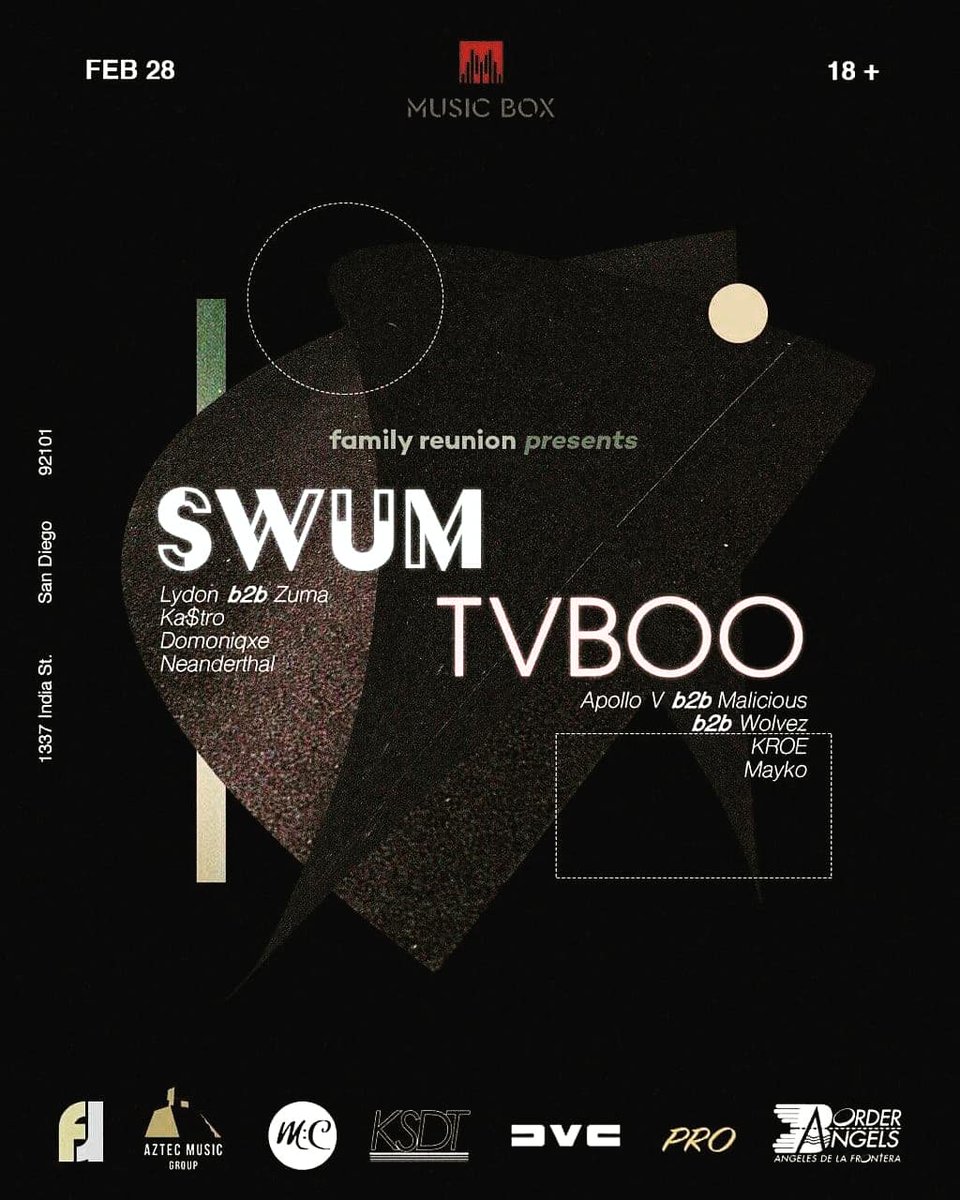 Catch some AMG artists opening up for SWUM and TVBOO on Thurs. Feb. 28! We are excited to be apart of Family Reunion's collaboration with other student orgs from SDSU and UCSD!  You can use this link to purchase tickets:
ticketweb.com/event/family-r…
 Our instagram has more details :)