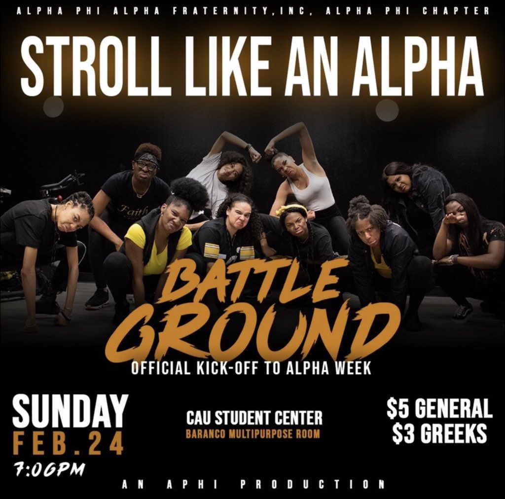 Hempcess's tweet image. Stroll Like An Alpha 
4 TEAMS, ONLY 1 WINNER
WHO WILL IT BE? 
BE THERE TO FIND OUT! 
SUN. FEB. 24th at 7:06 PM
MULTIPURPOSE ROOM 
$5 - Gen Admission 
$3 - D9 Greeks 
#AlphaWeek2019 #AlphaWeekKickOff  #CAUAlphas  
#PrepareForTakeOff