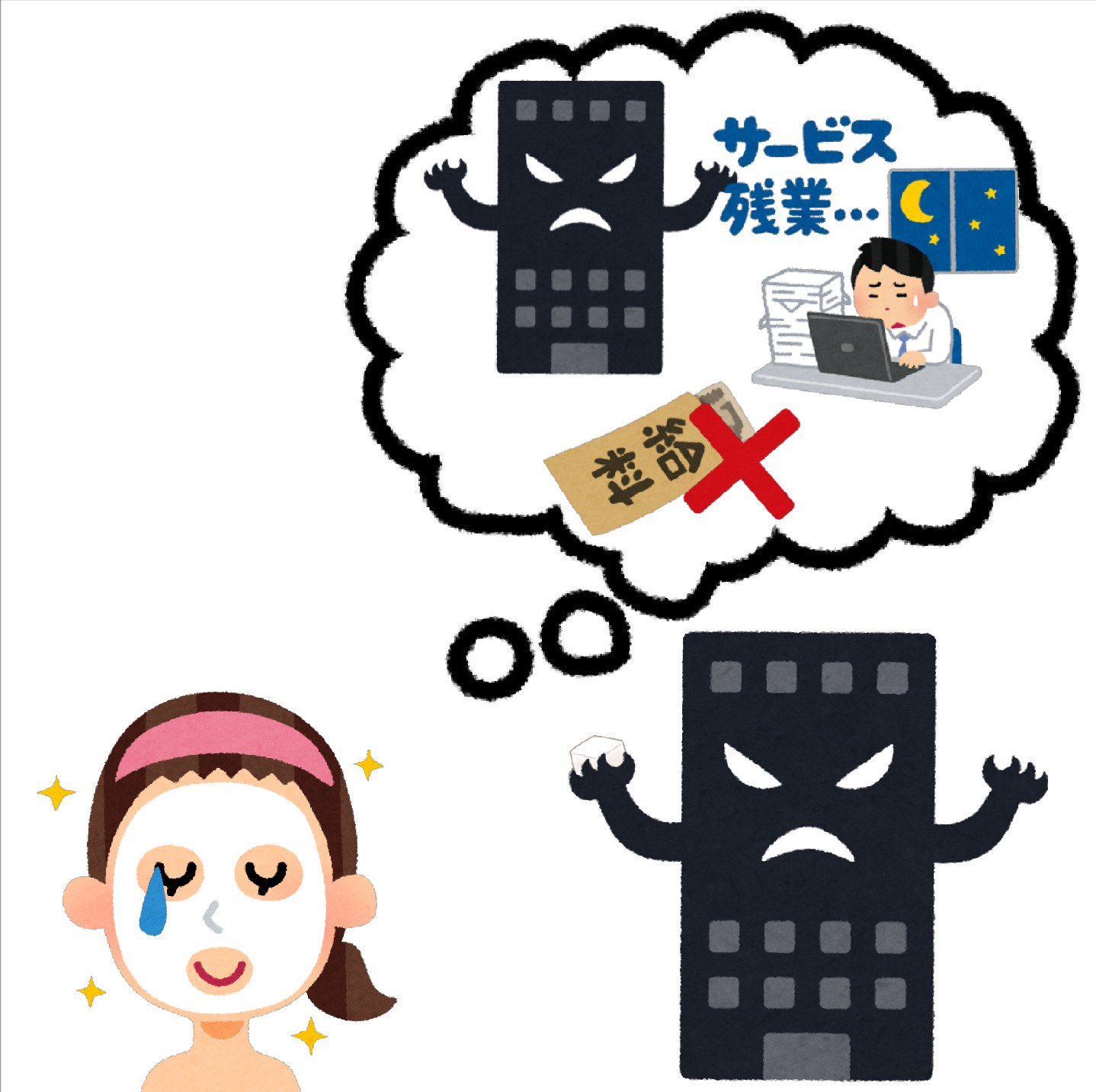 まいチクをいらすとやで再現 Dayukoume 再現難易度 使ったイラスト 8枚 ふきだしのイラスト ブラック企業のキャラクター サービス残業のイラスト 給料袋のイラスト バツのマークのイラスト フェイスパックをしている女性のイラスト 美容 漫符の
