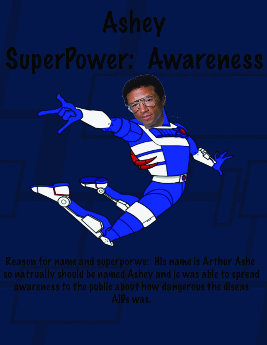 CasoncNthc's tweet photo. My hero is Ashey!  He has the superpower of awareness!  His true name is Arthur Ashe who was an activist who helped make people aware of how bad the disease AIDs was.
#BlackHistoryMonth2019 @janelle @NthSaucier #NTHCVoice #NTHCempower @NewTechCoppell https://t.co/C5x3AXY59l