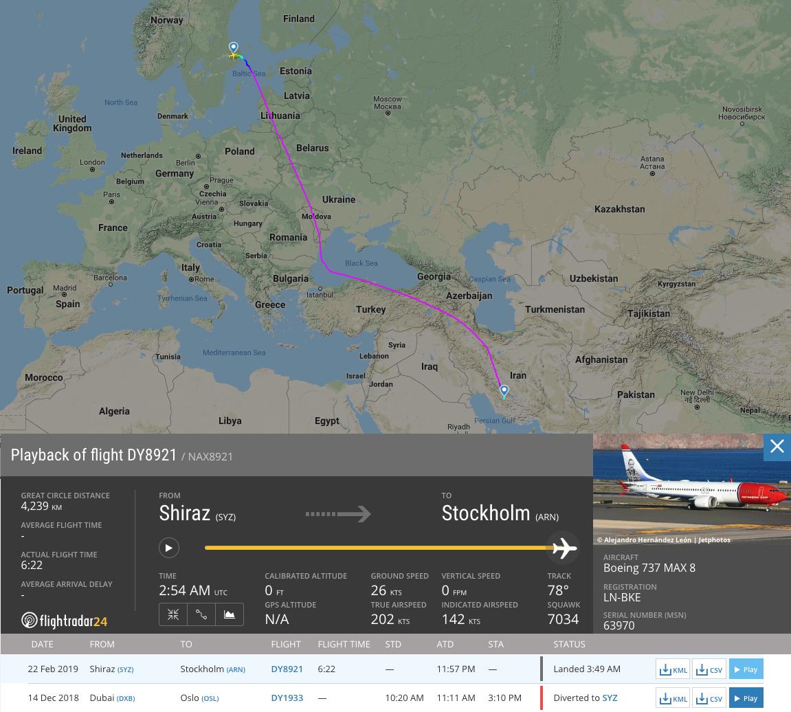 flightradar24's tweet photo. More than two months after diverting to Shiraz due to an engine issue, Norwegian 737 MAX LN-BKE left Iran today with a new engine. 

📼 https://t.co/pVY7j7HyQF https://t.co/uIZaIdmwen
