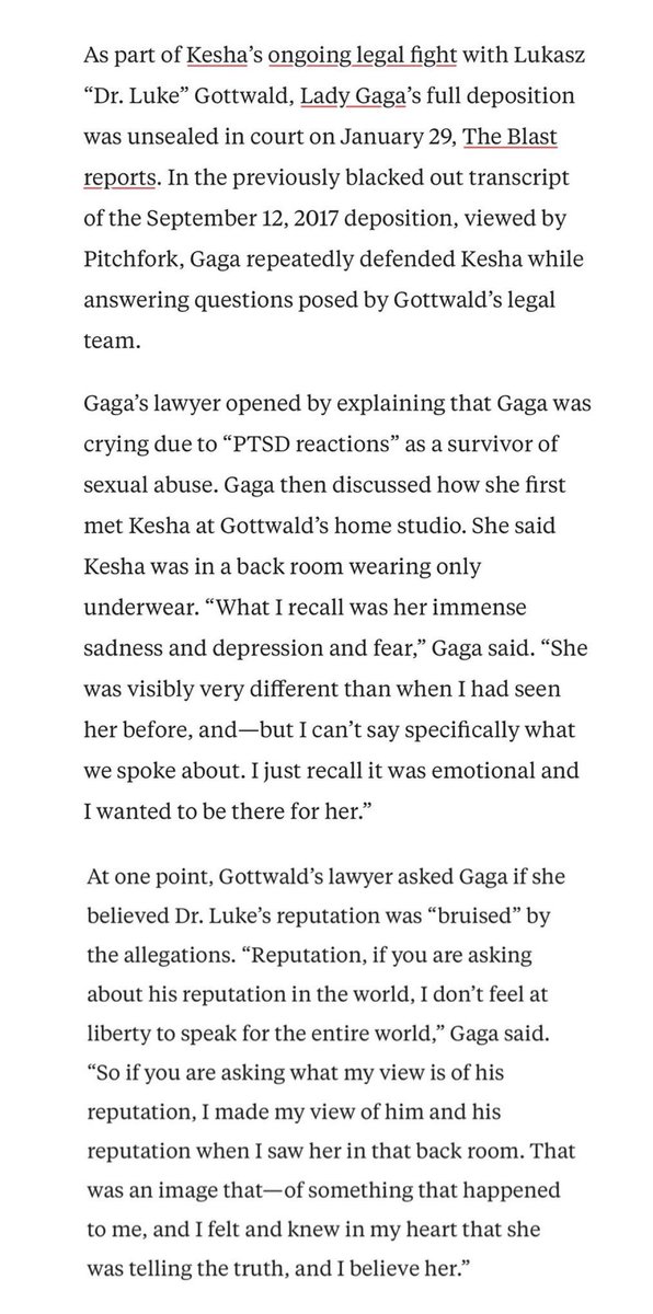 Lady Gaga got into heated fight with ****’s lawyer while defending K in her deposition. She also revealed she first met K at ****’s home studio. She said K was in a back room wearing only underwear:“What I recall was her immense sadness and depression and fear.”