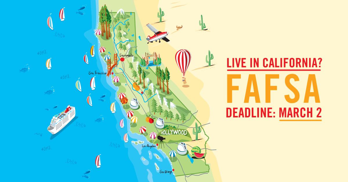 castudentaid's tweet photo. #NationalCaliforniaDay What better way than to apply for YOUR #FAFSA or #CADAA?! Be #CaliforniaProud!

Deadline is March 2 so APPLY today! #CSAC Call center hours: M-F, 8 am - 7:30 pm &amp; Saturday 8 am - 1 pm 

You deserve it. 😎

#SmartCA #Financial #Aid https://t.co/bhk6aGRyyo