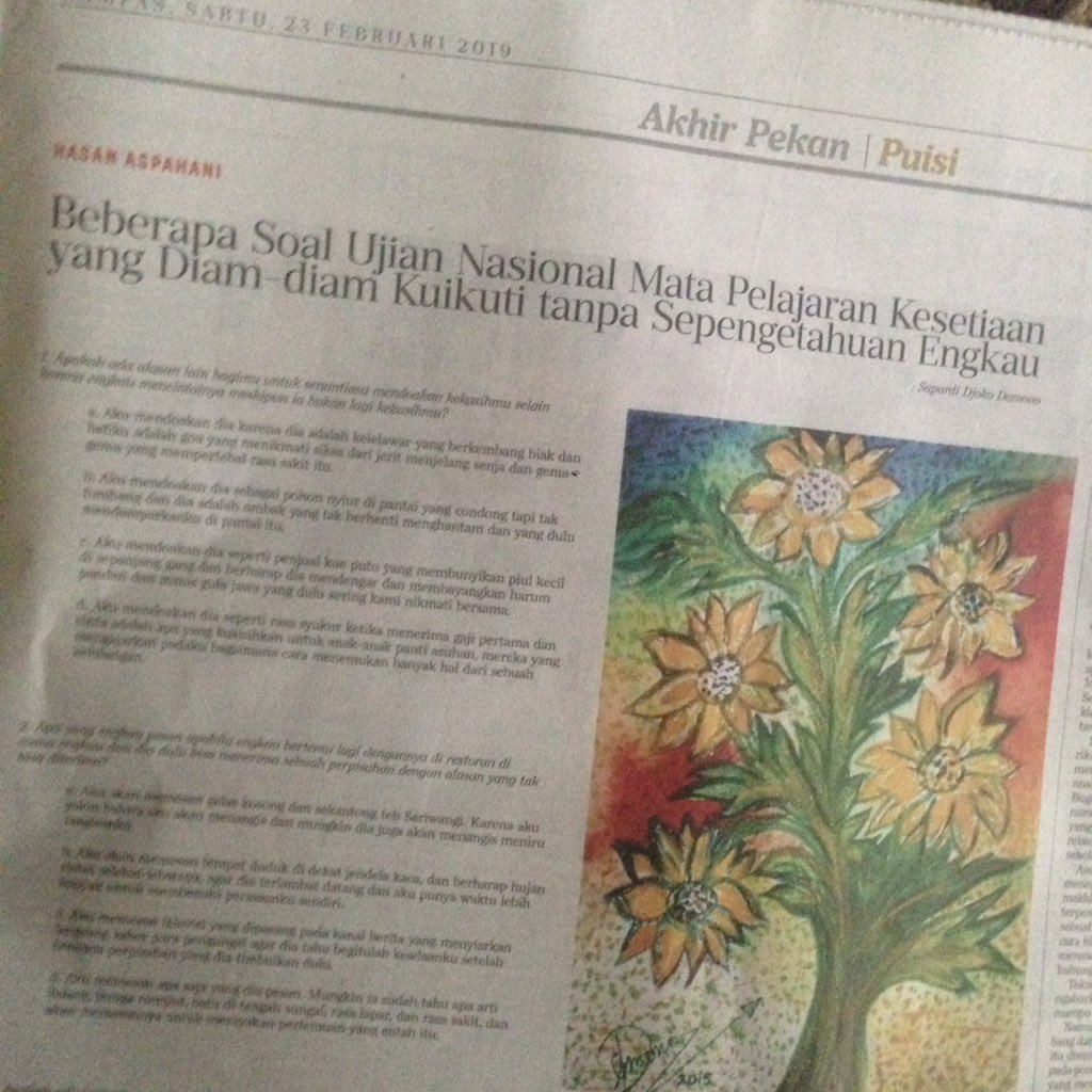 jurubaca's tweet photo. 9 sajak saya di @kompasid hari ini. Sajak berbentuk soal pilihan berganda. Saya tulis untuk Pak @SapardiDD.. https://t.co/xCzbvif1EX