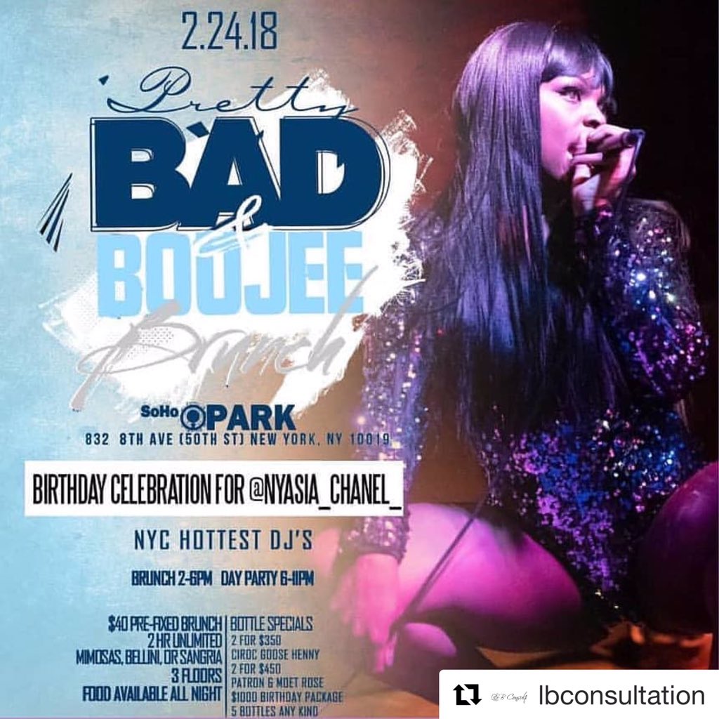 Nyasia_Chanel_'s tweet photo. #ALERT Sunday Feb 24th Rising Star @nyasia_chanel_ celebrates her Bday party at @sohoparknyc
(832 8th Avenue NYC)
6pm - 11pm
Music by @djkingkauso
Repost : @lbconsultation
RSVP: MikeBoogiePromotions@Gmail.com
#PiscesSeason #DAYPARTYALERT #rnb #indieartist #brunch #PARTY #FUN https://t.co/oijqWHRTiO