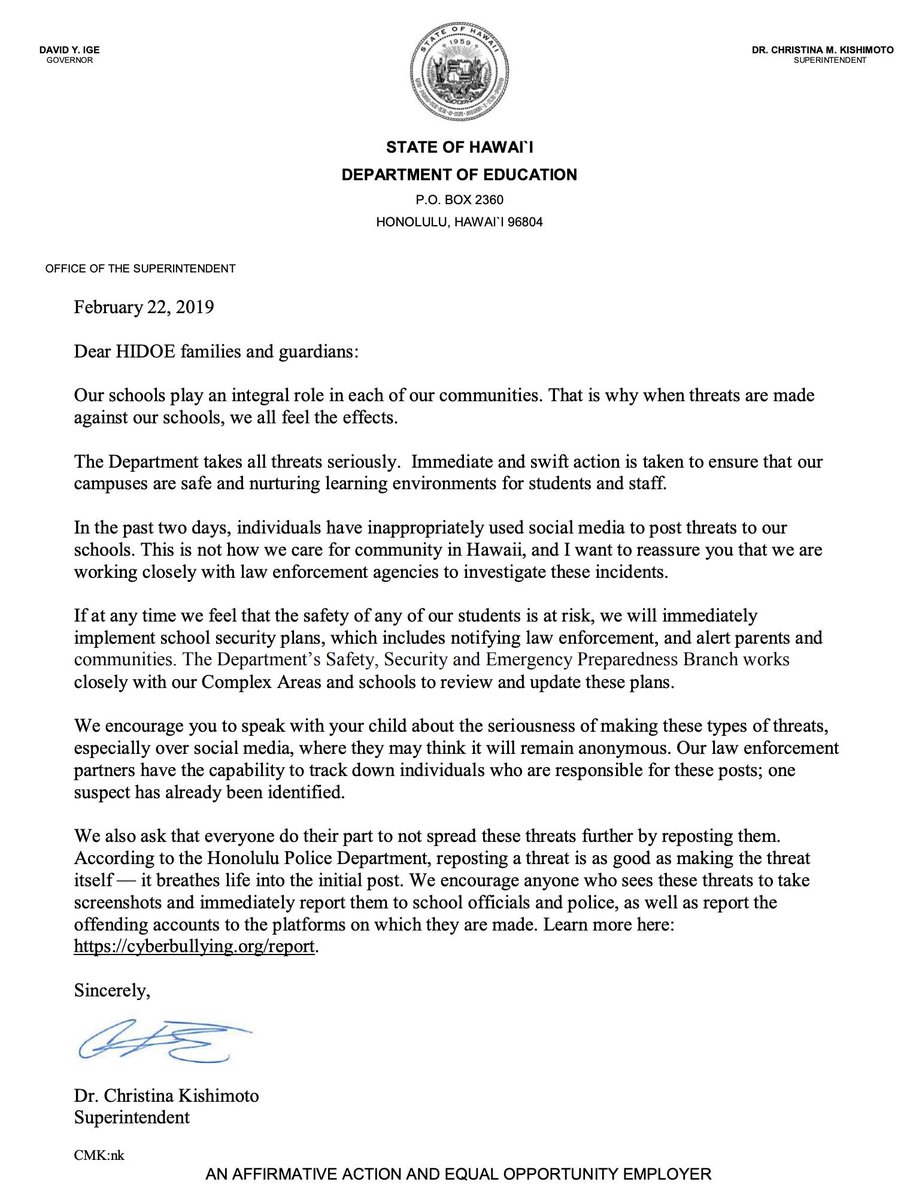Mahalo to all who are sharing out this important message from Supt. Kishimoto about threats being made against our schools on social media. We are
working closely with law enforcement agencies to investigate these incidents. hawaiipublicschools.org/DOE%20Forms/Su…