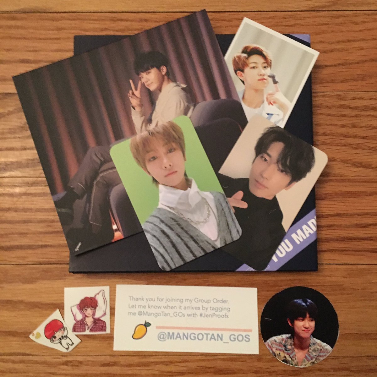 fr8gboy's tweet photo. thank you so much to @MangoTan_GOs for hosting this group order!! the extra minghao photocard and stickers are so cute, and everything was nicely wrapped for me to take it home safely!! #JenProofs ππ https://t.co/ttO97ZMXvB