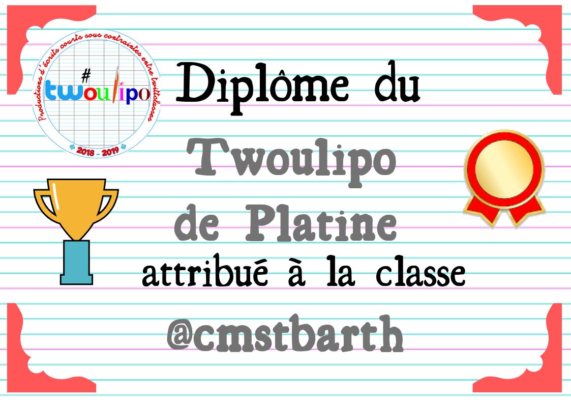 C'est la saison des prix ! Bravo à la classe <a href="/cmstbarth/">PtiStBarth</a> qui remporte le twoulipo de platine pour ses deux sélections dans l'équipe 16 et notamment pour un carton plein avec les acrostiches ! #EQ16 <a href="/tw_oulipo/">Twoulipo à l'école</a>