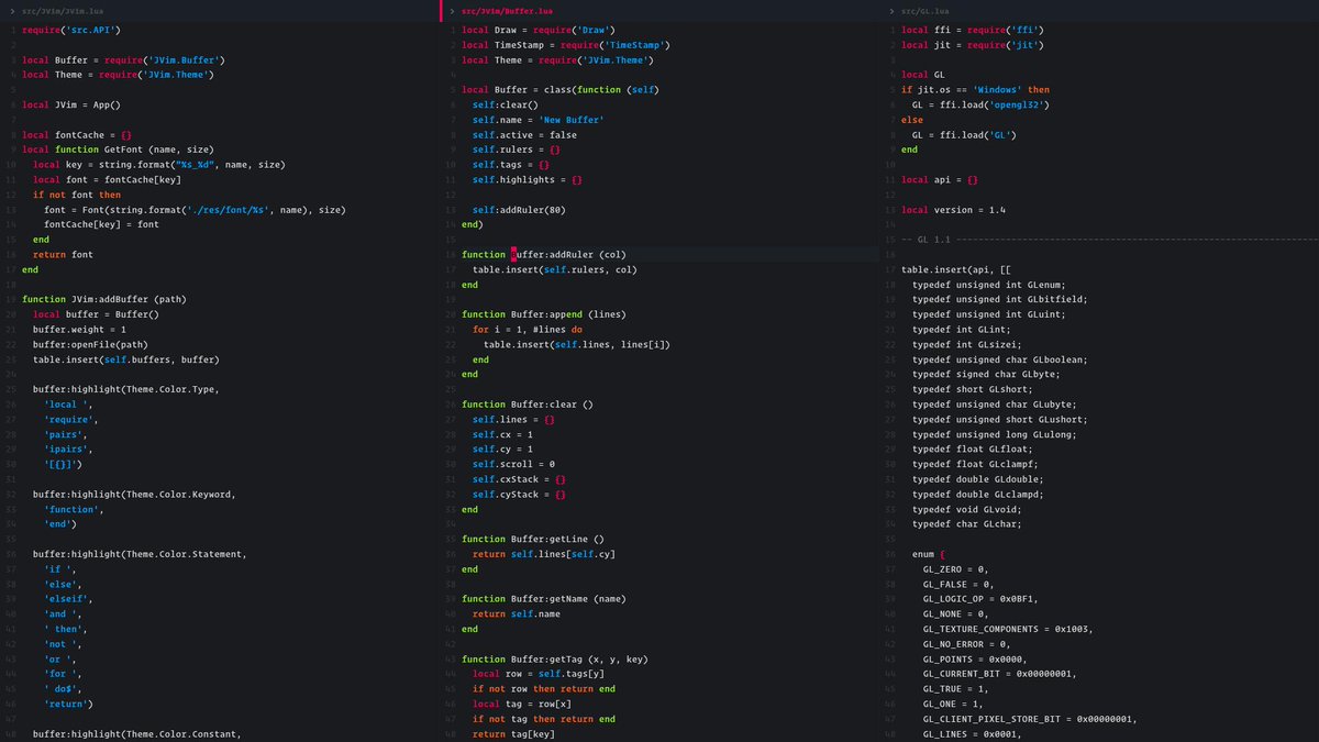 proceduralguy's tweet photo. Getting back into coding. Vim clone written in Lua. No frameworks, just OpenGL. Far from full-featured but for two day's worth of work it feels like a solid start. Always wanted my own Vim :) #vim #coding https://t.co/WCh6hqQJcf