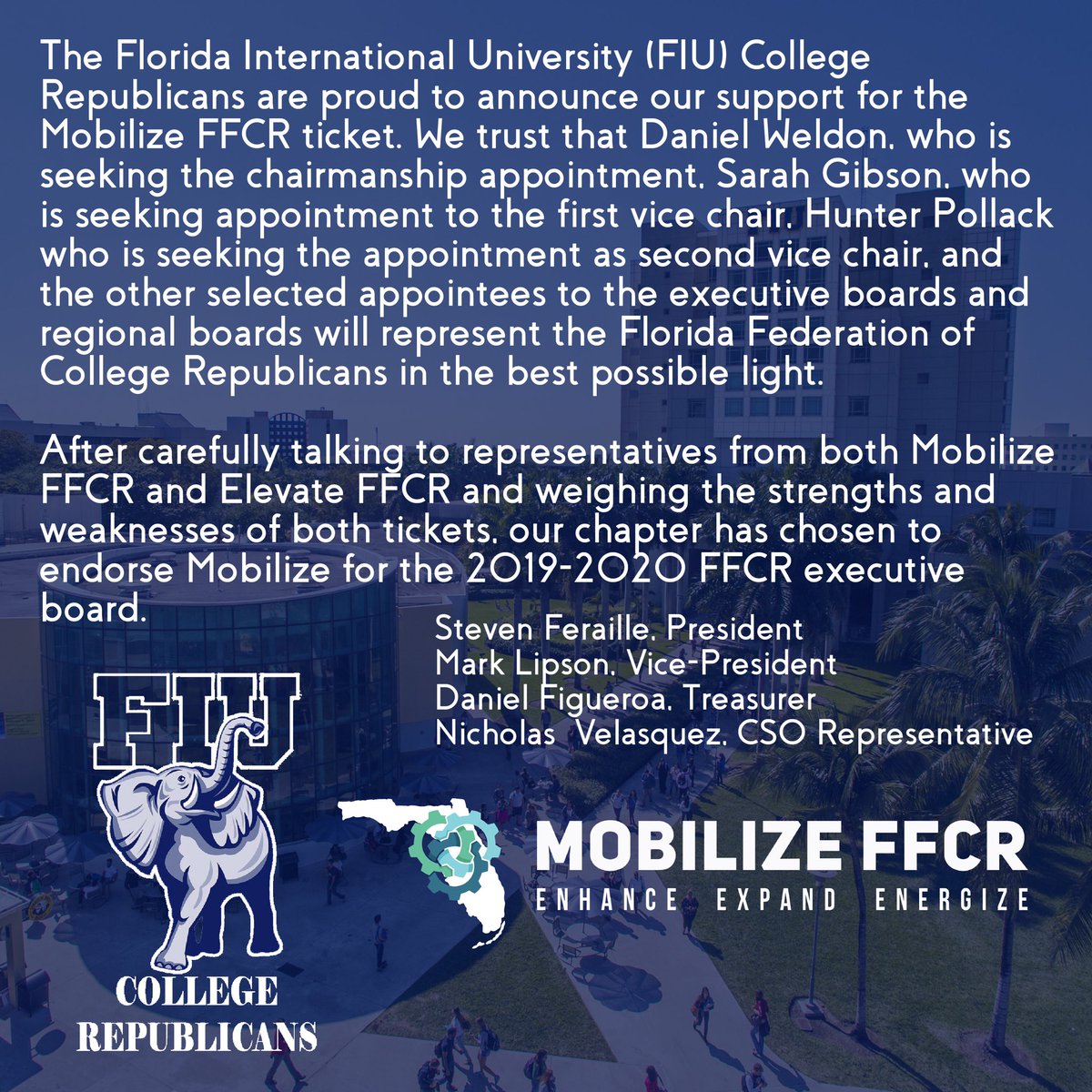 MobilizeFFCR's tweet photo. We keep the endorsements coming... just like we will keep your chapters running.
Thank you FIU CR’s for your endorsement! Welcome to the Mobilize Fam
#MobilizeFFCR #EnhanceExpandEnergize #FlaPol #Sayfie https://t.co/85sWc335uy