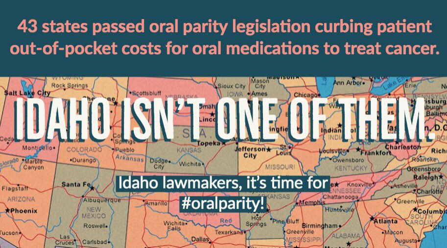 MaryCozby's tweet photo. Cancer treatment is cancer treatment whether it’s a chemo pill or IV! Let’s make #cancer fair for patients in #Idaho! 

@MarySouzaIdaho @leeheider @SenAbbyLee @MarkHarrisIdaho @jordansen17 @DavidNForIdaho please support @lori_denhartog’s  #oralparity bill #S1034 https://t.co/O7V3TyG7uQ