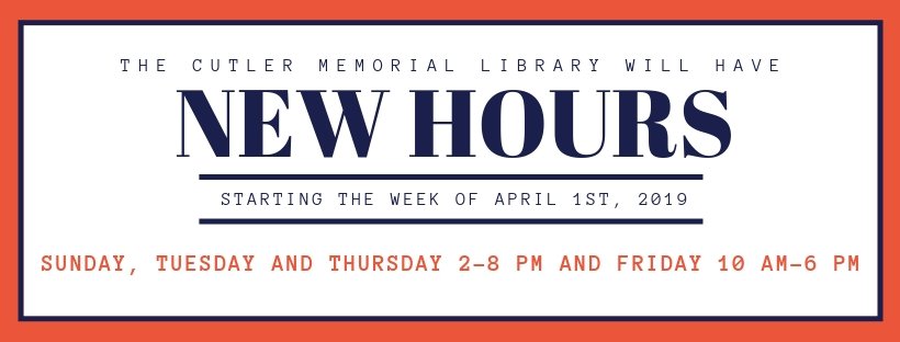 CutlerMemorial's tweet photo. We're revising our hours starting the week of April 1st to provide more after-school time! Sunday, Tuesday, Thursday 2-8pm and Friday 10am-6pm https://t.co/mQCIpn4tLr