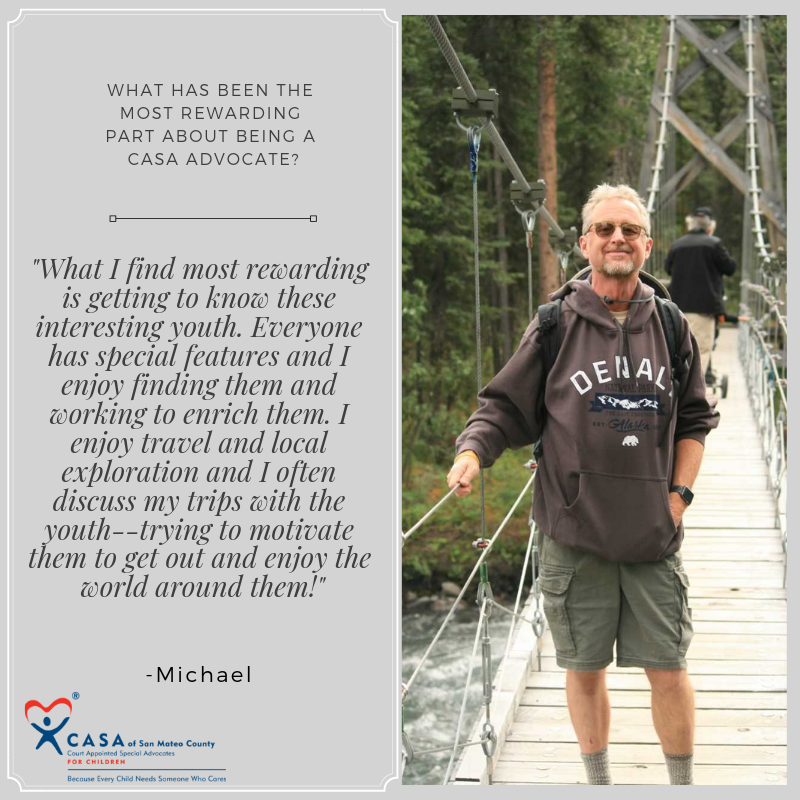 CASA_SMC's tweet photo. Meet Michael! He has been a CASA Volunteer for one and a half years. He likes to travel and local exploration. He often shares his experiences with CASA youth to motivate them to go out and enjoy the world. #CASAadvocate #MeetourAdvocates #CASAofSanMateoCounty https://t.co/JuCMY6GXI7
