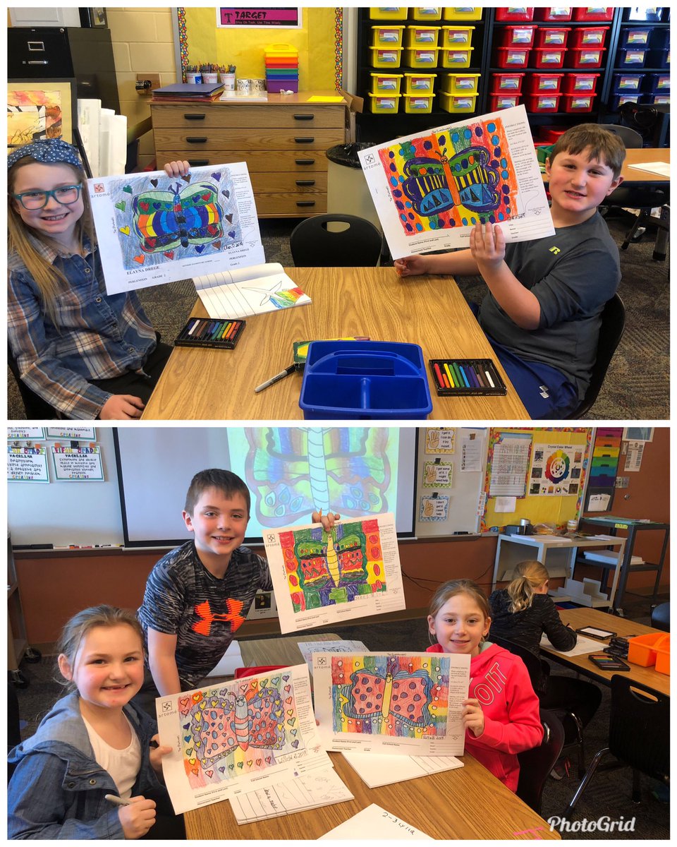 dalzelma's tweet photo. A few bright colorful Butterflies to brighten your day amidst all the snow showers!❄️❄️❄️. #2ndGradeButterflies!!!  #KennedyArt. https://t.co/ydUPbzUce6