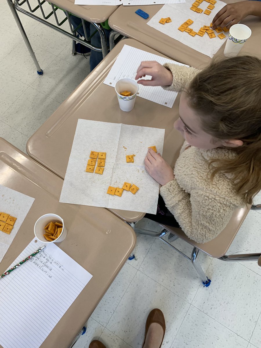 mrsfoleysclass's tweet photo. The area of a cheese it is 1 sq inch. We are still guessing the perimeter because they tasted too good to measure! #perimeter #area #weareDPS https://t.co/Ztj4vPCCVB