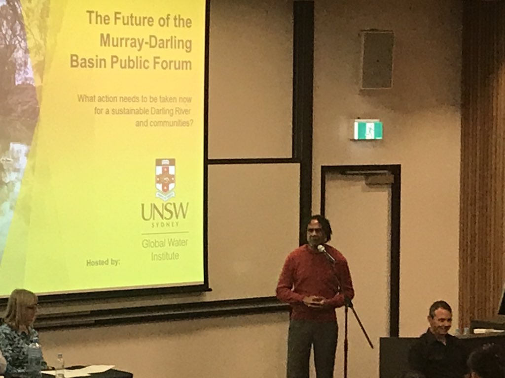 BuckinghamJN's tweet photo. A powerful personal story from an Indigenous community Member at the Future of the #MurrayDarling Basin Forum. The death of the Darling River is man-made and elders knew of the sickness and disaster on the way #SaveTheDarling #Barka #nswpol #NSWVotes https://t.co/eOvnAQGSxL