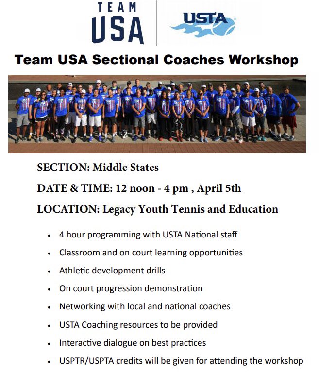 USPTA_MS's tweet photo. Sectional Coaches Workshop
12-4pm April 5th
Legacy Youth Tennis and Education

More info and to register:
https://t.co/8yYaAHLfWt https://t.co/oujKHqwsdd