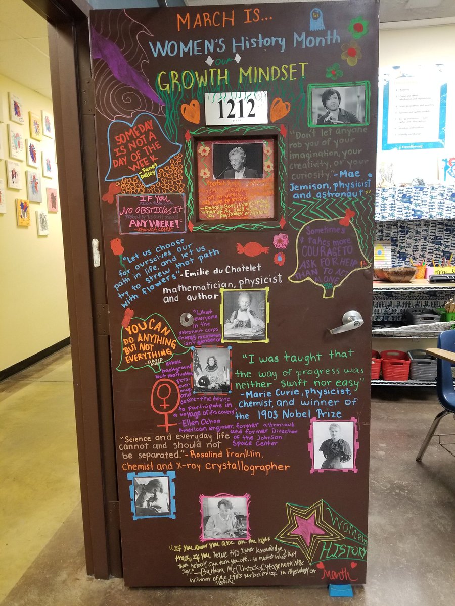 My <a href="/PPMH/">Pinecrest Prep MH</a> middle school students transformed  my classroom door. Our growth mindset is to stay motivated, work through the tough times, and crush our goals! I am continuously impressed by their creativity and insight. #science #growthmindset #WomensHistoryMonth