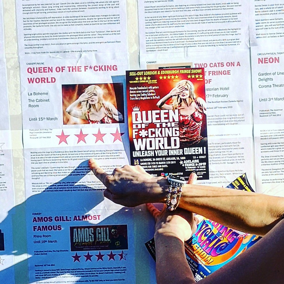QueenOTFW's tweet photo. 4 stars for my Queen of the F*cking World show #adelaidefringe. Show tonight 7pm https://t.co/HjvBzHiSCC
#feminism #adelaidelgbt #adelaidewomen #unleashyourinnerqueen #cabaret #adelaidefringe #adlfringe #adelaidecabaret #adaidecbd #radelaide #southaustralia https://t.co/mNaIgGBIHK