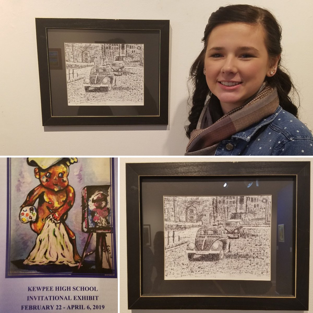 piratesART's tweet photo. Kewpee HS Invatational! Congrats to Brooke (she placed 1st in the Drawing category), to Ellie (she placed 2nd in the Mixed Media category), and to Breanne for having their artworks selected for this juried show! Their work will be on display thru April 6th at Artspace Lima! https://t.co/bUoxFkgHAj