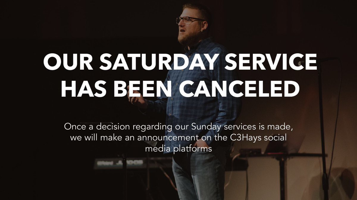 c3hays's tweet image. Due to the impending weather, we have elected to cancel our SATURDAY EVENING SERVICE. We will make a decision regarding our Sunday services tomorrow. 

Please pause and pray for all emergency personnel, law enforcement, and power company workers that will be out in the cold.