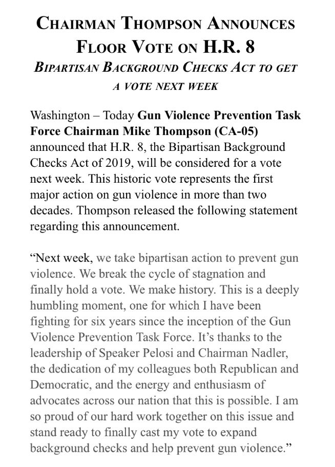 RepThompson's tweet photo. 🚨🚨Breaking News — #HR8, my bipartisan bill to expand background checks will come to the floor for a vote next week! Finally we take bipartisan action to help prevent gun violence. We break the cycle of stagnation and finally hold a vote. We make history. https://t.co/1mTxBLq5ai