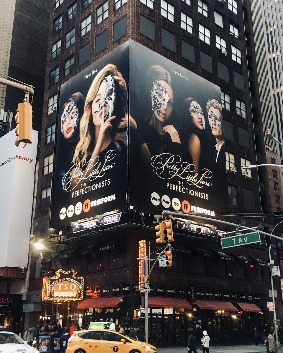 PLLonMax's tweet photo. WOW, larger than life. And oooh, our #PLLThePerfectionists are looking so perfect in NYC Times Square!!! 👀 

The series premieres March 20th. You all ready for this? https://t.co/ozE8pdpP33