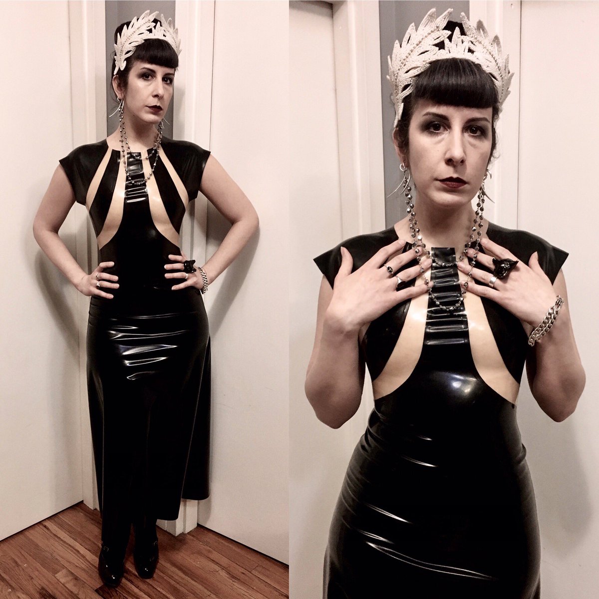 Forgot to plan an outfit for tonight, we are meeting up with friends, lucky there is this new design. In love with this piece might end up in my wardrobe and not on the rack. #babyloveslatex dress, #vintageheadpiece, #viviennewestwood heels. #latexdesigner #latexdress