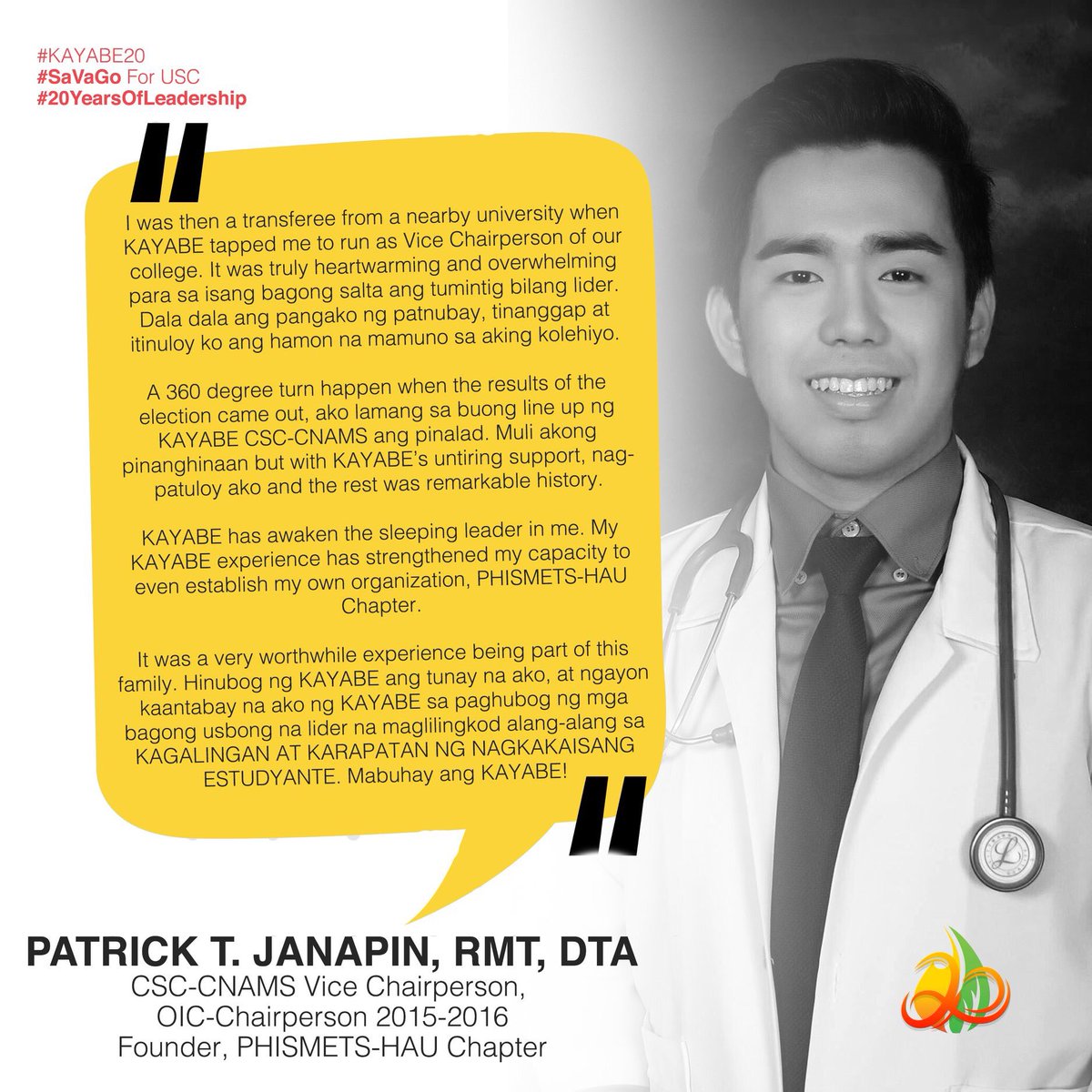 KayabeHAU's tweet photo. "KAYABE has awaken the sleeping leader in me. My KAYABE experience has strengthened my capacity to even establish my own organization, PHISMETS-HAU Chapter." - Patrick Tayag Janapin
#SaVaGo for USC
#LeadTowardsCHANGE
#KAYABE20 https://t.co/Tpfa11VmlF