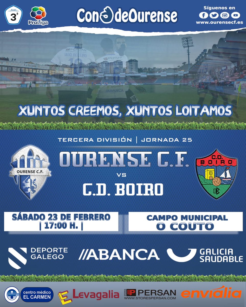 Día de Partido 
⏲️ 17:00 
🏟️ O Couto #Ourense 
J25 #Tercera #Galicia 
<a href="/Ourense_CF/">Ourense CF</a>  🆚 <a href="/CDBoiro/">C.D. Boiro</a> 
#OurenseBoiro 
#conOdeOurense 🆚 #ForzaBoiro