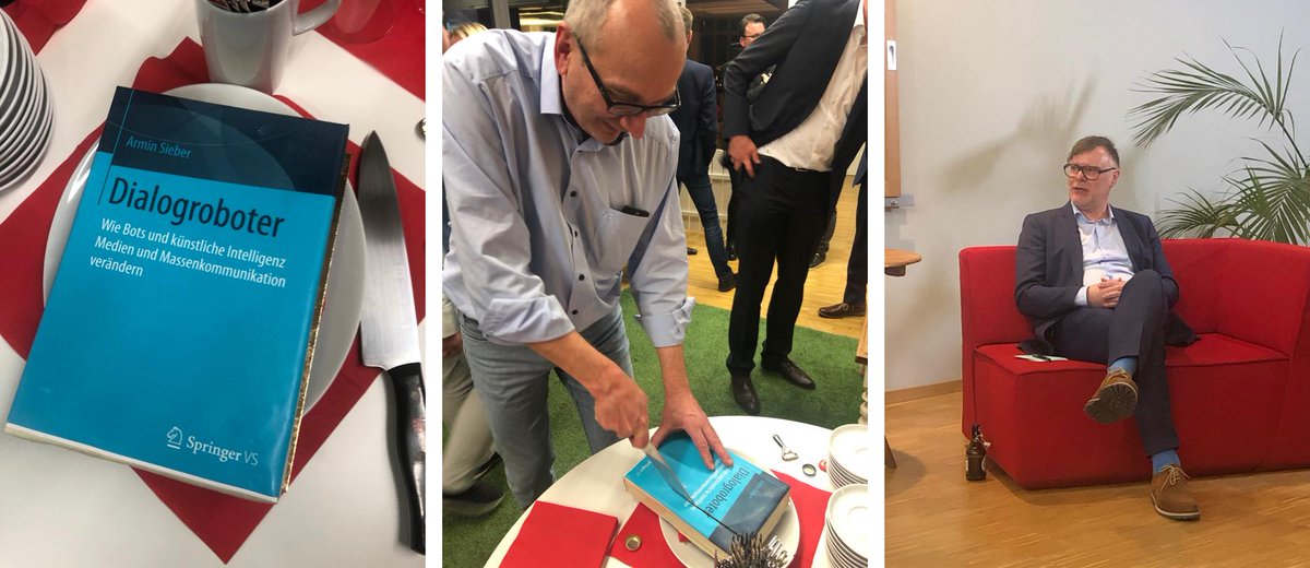 ABSieber's tweet photo. Anschnitt der Buchtorte bei @kzwoelf Vielen Dank für den tollen Event, den Ihr hingestellt habt! #Dialogroboter https://t.co/Avpz7yo9Vq
