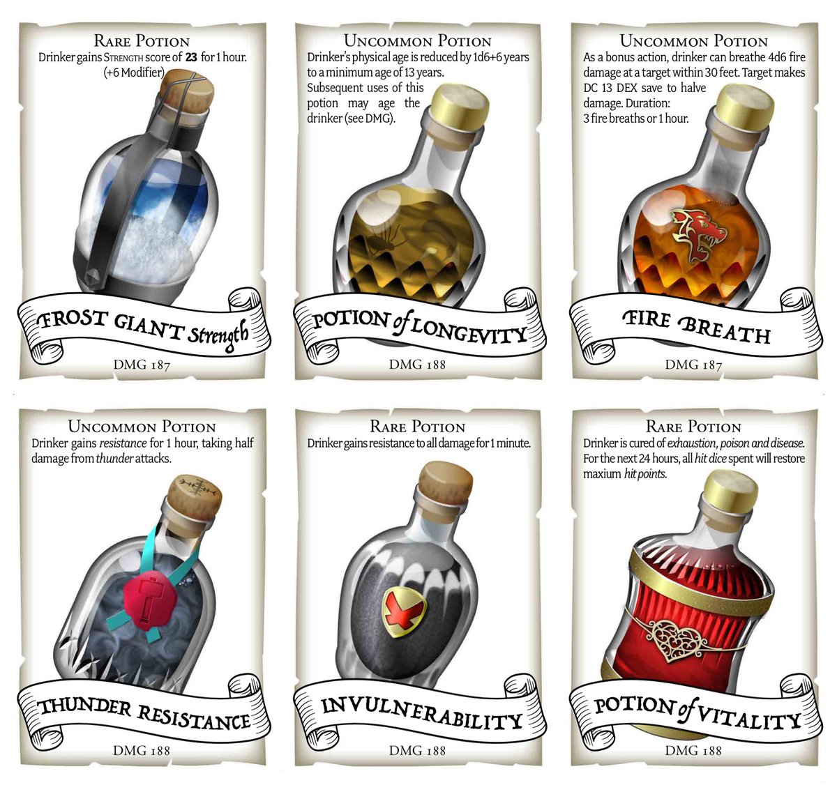 cryptocarto's tweet photo. Here are handout cards for all the potions listed in the 5e DMG: 40 bottles with descriptions and references to pertinent DMG and PHB pages. I hope they aid play at your table. https://t.co/OnI1epqWh2 #5e #DnD #RPG #dnd5e #dungeonsanddragons https://t.co/q1VpWvP7h4