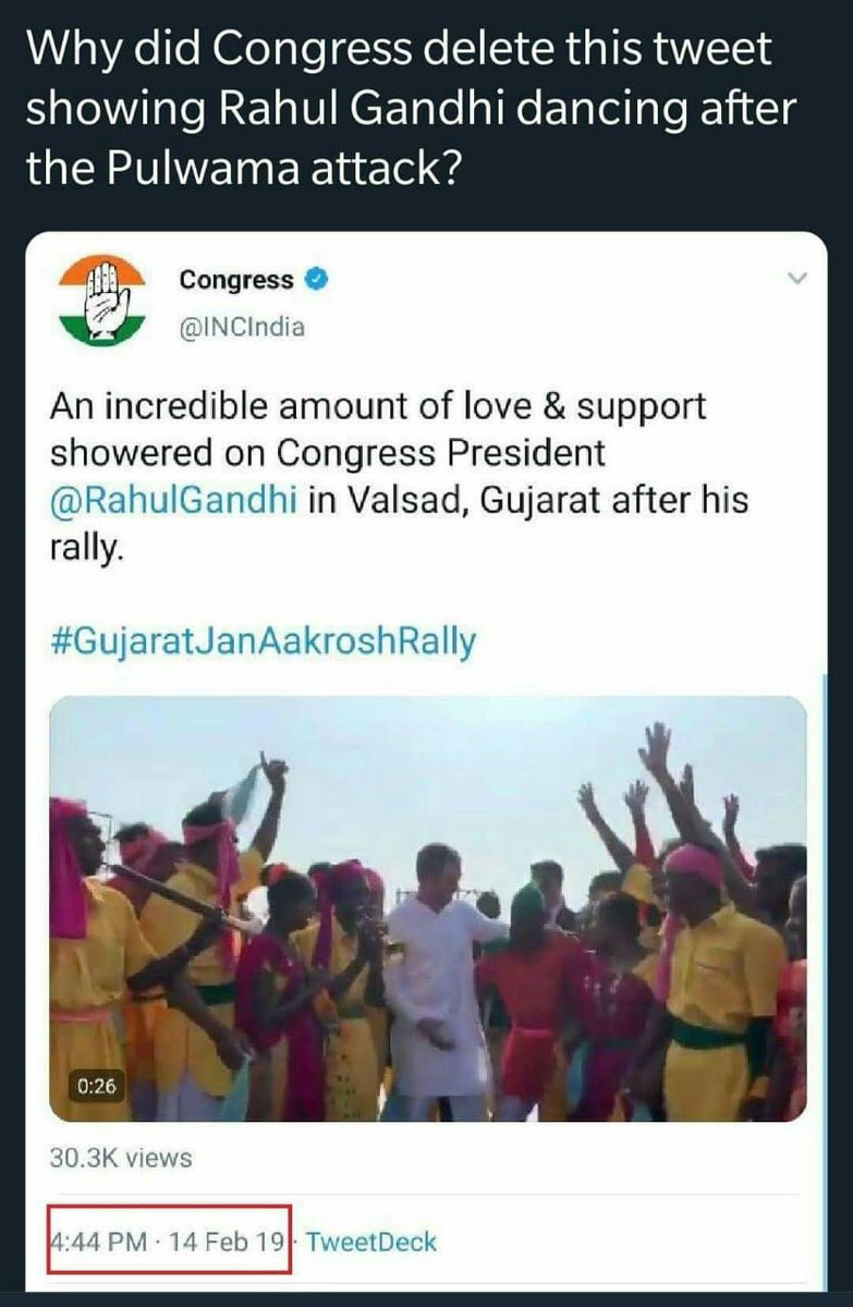 RajivBabbarbjp's tweet image. पुलवामा हमले के बाद @RahulGandhi 4.30 बजे तक नाच रहे थे। हम नहीं कह रहे, कांग्रेस ने खुद दुनिया को बताया।🤔
अब @narendramodi के खिलाफ झूठ फैलाना चाहते थे तो पहले अपने इस ट्वीट को ही डिलीट कर दिया। देखिये, ट्वीट 4.44 पर 14 फरवरी किया गया था।