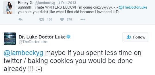 OTHER ARTISTS:Some tweets revealing a passive-aggressive relationship with Becky G, (which corroborates with Kesha’s claims of him contributing to her eating disorder), and Bonnie McKee revealing her negative relationship with him, as well as a tweet speculated to reference him