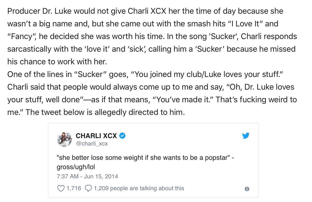 Charli XCX: another outspoken critic of Lvke, has referenced him in her music and has discussed a negative opinion of him in an interview before K had come forward. There is also speculation that he body-shamed her, supporting similar allegations from K & Becky G