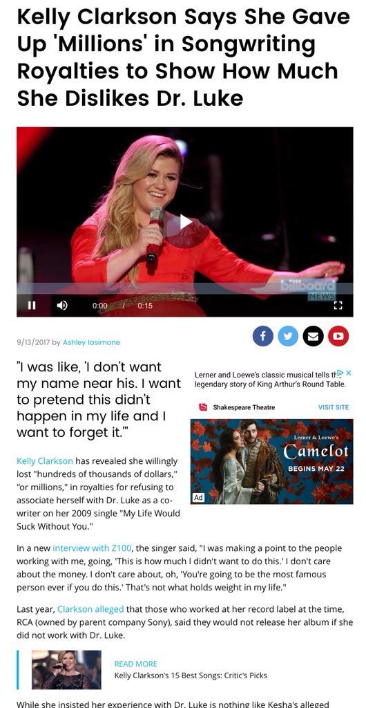 Kelly Clarkson: Through Kelly already had bad past experiences with L, her label forced her to work with him again on “My Life Would Suck Without You”, so she removed her credit as a writer so she wouldn’t be associated with him - all back in 2008, a year before K’s debut