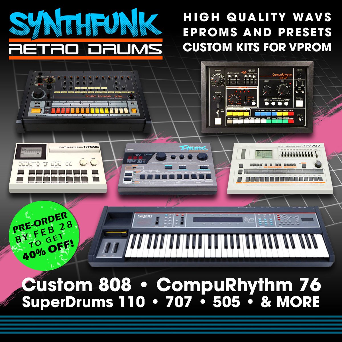 AtomForce80s's tweet photo. New Demo! Utilizing the #CR78 #TR707 and #TR808 percussions
Only one week left to snag it at 40% off!
•LISTEN: https://t.co/FyC8snaWRg
•ORDER: https://t.co/uzzxUFubRz
#synthwave #producer #samples #eproms #presets #VST #VSTi #VPROM #WAV #EDM #breaks #vaporwave #hiphop https://t.co/xyU5QrdTff