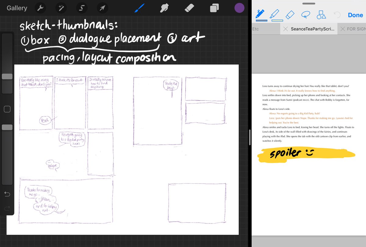 Turning a script into a comics page. Or well, the sketch that will later become art. I draw the boxes and plan where text goes (so I can either fix the composition, or know how much art I should draw so the details don't get eaten). Mostly they are for pacing.