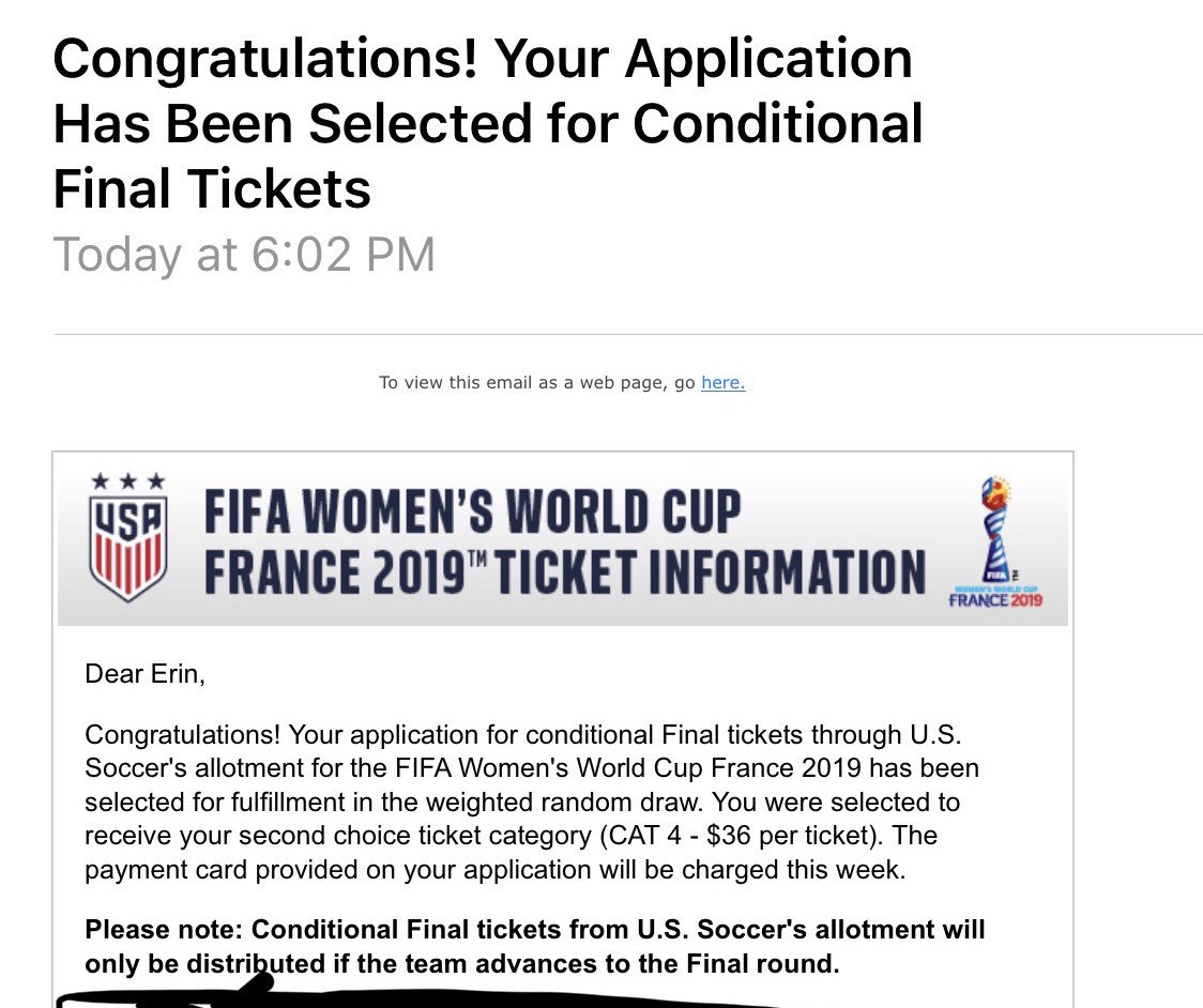 erinrenae23's tweet photo. Got my tickets for the World Cup final!!! Now all I need is for the @USWNT to make it and win it again!!! #FIFA19 #USMNT #soccer https://t.co/LP5jzFIaUm